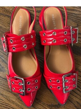 Madden Girl Red Patent Pointed Slingback Flats with Buckles